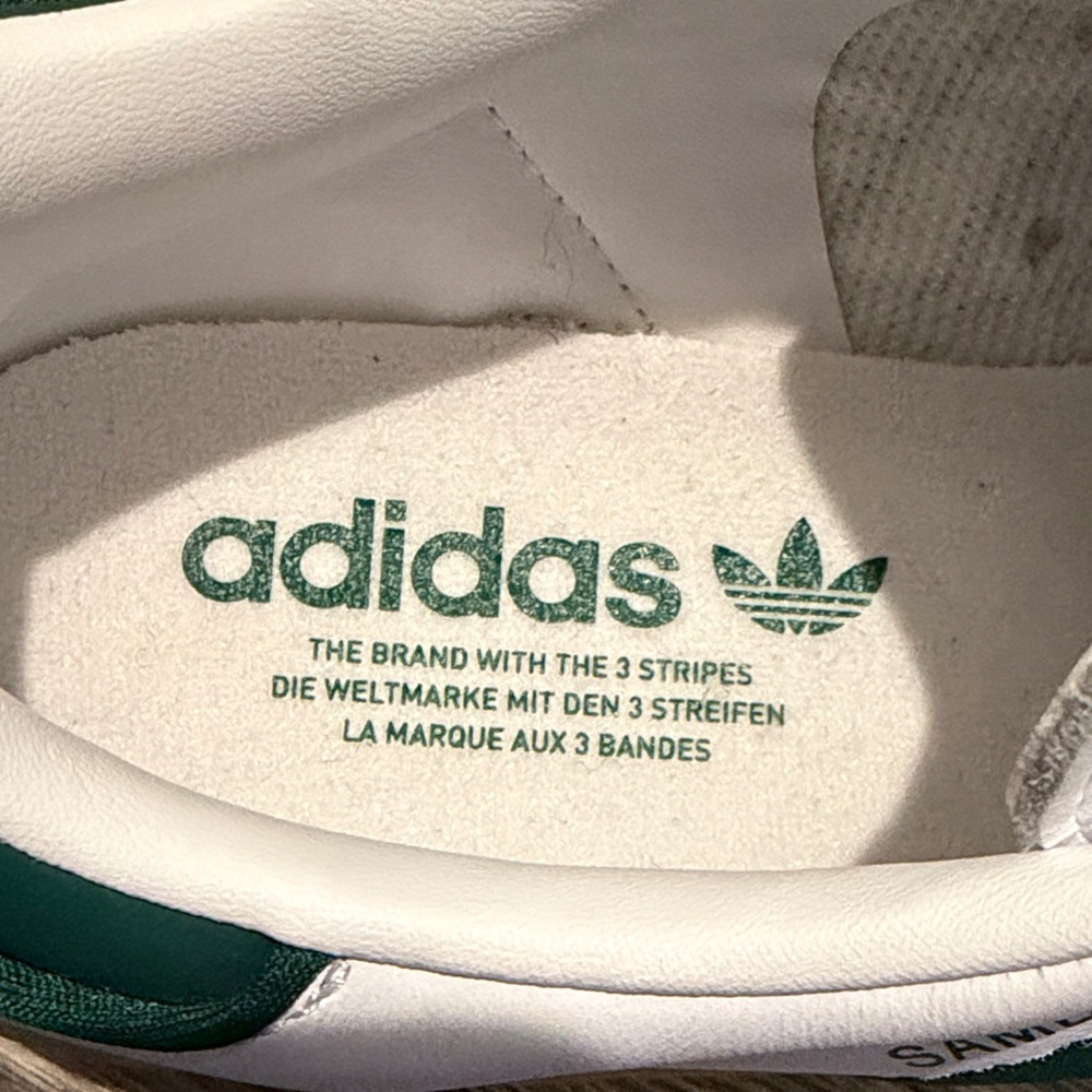 Women’s adidas White Leather Sneakers with Green Stripes and Gum Sole - Picture 3 of 11